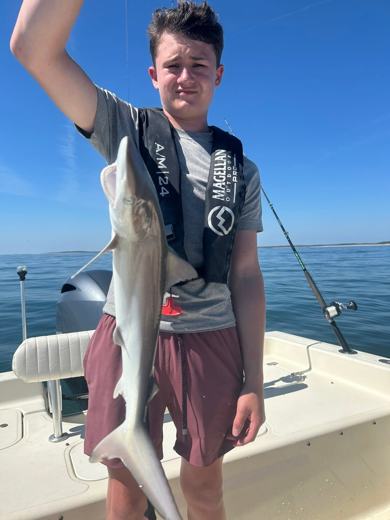 Camper holding up a shark