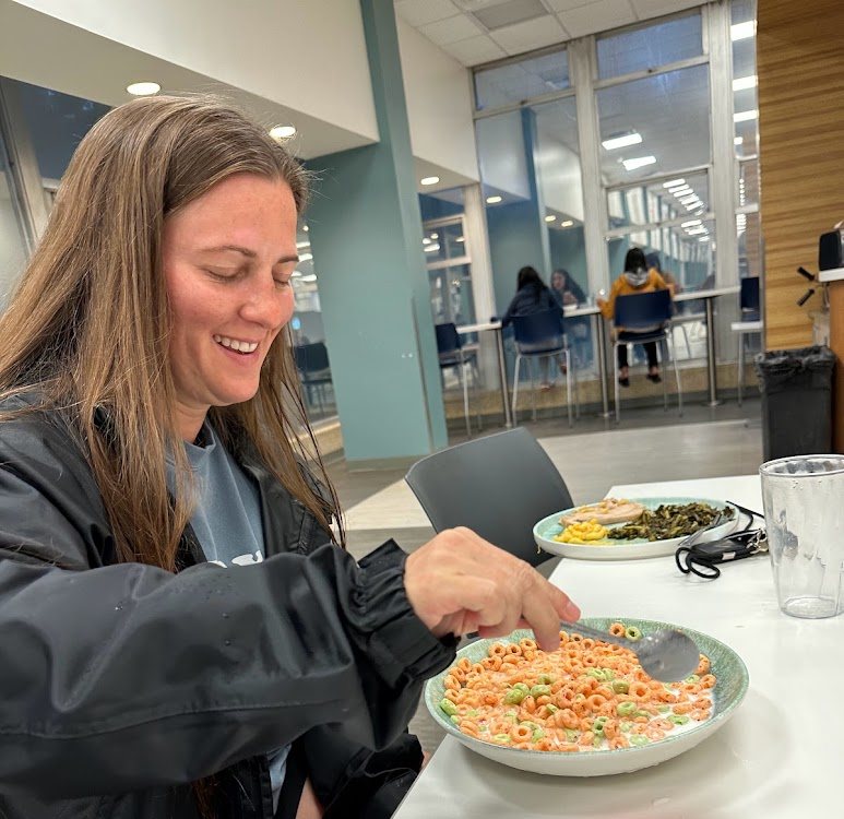 Co-director Katie Carraway eating breakfast in the Jacksonville University dining hall